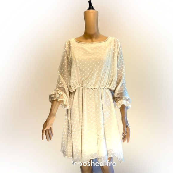 Urban Outfitters DRESS Large Cream Long Sleeve Swiss Dot Dolman LINED NEW - Picture 1 of 5